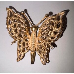 Monet Gold Tone Butterfly Brooch Pin Vintage Filigree Ornate Statement Jewelry
